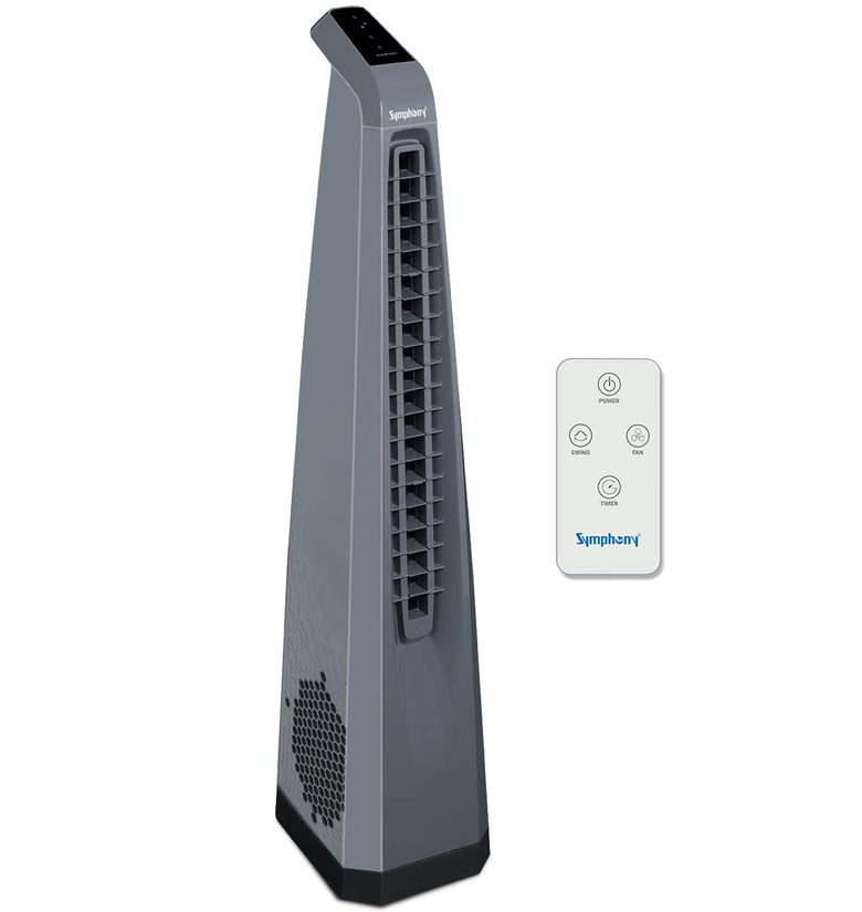 Symphony Surround-i High Speed Bladeless Technology Tower Fan for Home With Touchscreen Control Panel, Remote, and Swivel Action (Grey)