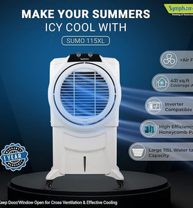 Symphony Sumo 115XL  I Desert Air Cooler for Home with Honeycomb Pads, Powerful +Air Fan, i-Pure Console and Low Power Consumption (115L, White)(refurbished)