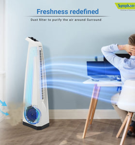 Symphony Surround High Speed Bladeless Technology Tower Fan for Home With Swivel Action, Dust Filter, and Low Power Consumption (White)
