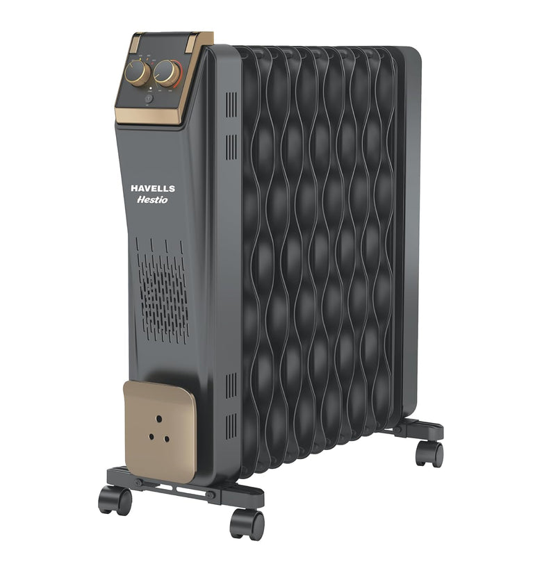 Havells 13 Fin Hestio Wave Fin OFR (Oil Filled Radiator)|Room Heater|2900 W|3 Heat Settings & PTC Fan Heater|Inclined Control Panel|Retractable Wheels| Comfortable Breathing|360° Heating (Black)