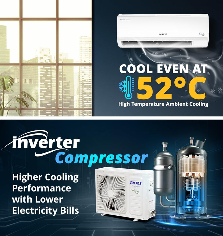Voltas 185V Vectra CAR 1.5 ton 5 star,New star rated/ 185V Vectra Breezia Emerald , inverter Split AC|4-IN-1 Adjustable modeHigh ambient Cooling-cools even at 52°C|Anti dust filter with Anti-microbial coating|Copper Coil|White