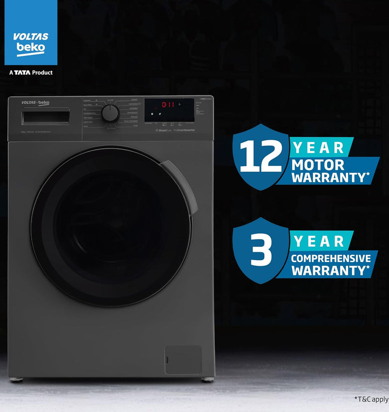 Voltas Beko, A Tata Product 8 Kg 5 Star Inverter Quick wash Fully-Automatic Front Loading Washing Machine (WFL8012B7JVBKA/AXV, Anthracite, In buit Heater/Hygiene steam) with 5 year comprehensive warranty