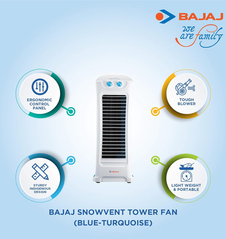 Bajaj Snowvent Tower Fan For Home| Lightweight Portable| Tough Blower With 3 Speed Control| Cooler for home| High Air Throw with Swing Control|1- Year Warranty By Bajaj| Blue-Turquoise