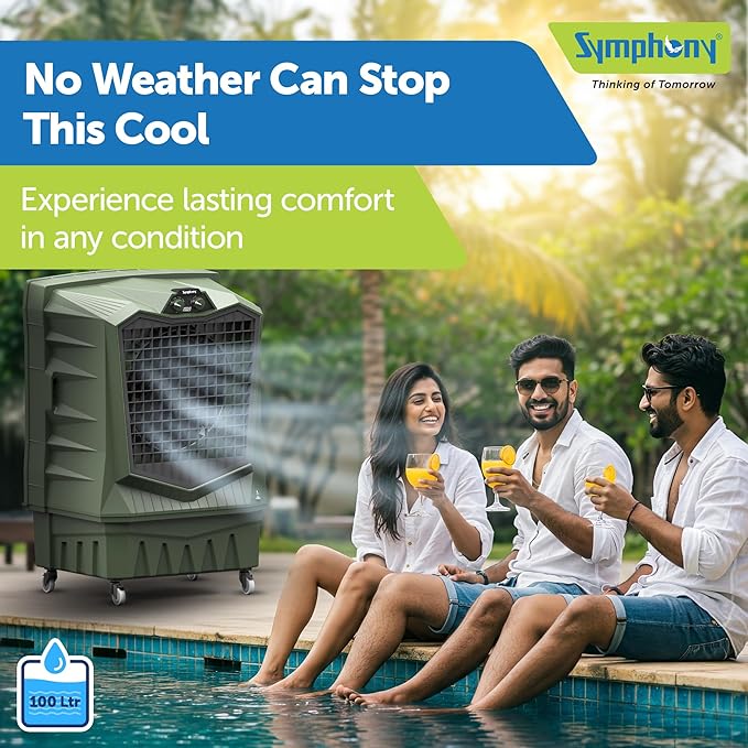 Symphony Air Force 100 Desert Air Cooler | 100L | 375W | Powerful Jet Fan | Weather-Resistant Body | Large Honeycomb Cooling Pad | Easy Fill | Heavy-Duty Wheels | 1 Year Warranty