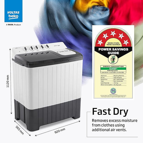 Voltas Beko, A Tata Product 14 Kg 5 Star Semi-Automatic Top Load Washing Machine (WTT140UPA/GR5KPTD, Grey, Special pulsator and Double waterfall Technology) with 5 year comprehensive warranty