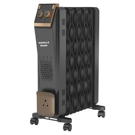 Havells 9 Fin Hestio Wave Fin OFR (Oil Filled Radiator)|Room Heater|2400 W|3 Heat Settings & PTC Fan Heater|Inclined Control Panel|Retractable Wheels| Comfortable Breathing|360° Heating (Black)