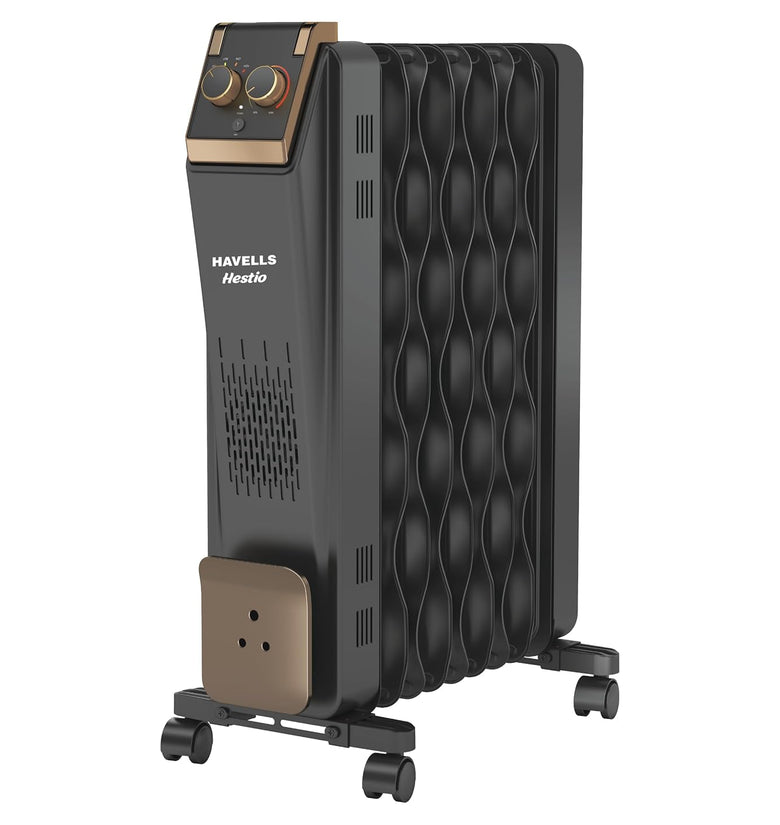 Havells 9 Fin Hestio Wave Fin OFR (Oil Filled Radiator)|Room Heater|2400 W|3 Heat Settings & PTC Fan Heater|Inclined Control Panel|Retractable Wheels| Comfortable Breathing|360° Heating (Black)