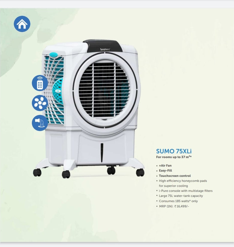 Symphony Sumo 75 XL Desert Air Cooler For Home with Honeycomb Pads, Powerful +Air Fan, i-Pure Console and Low Power Consumption REMOTE
