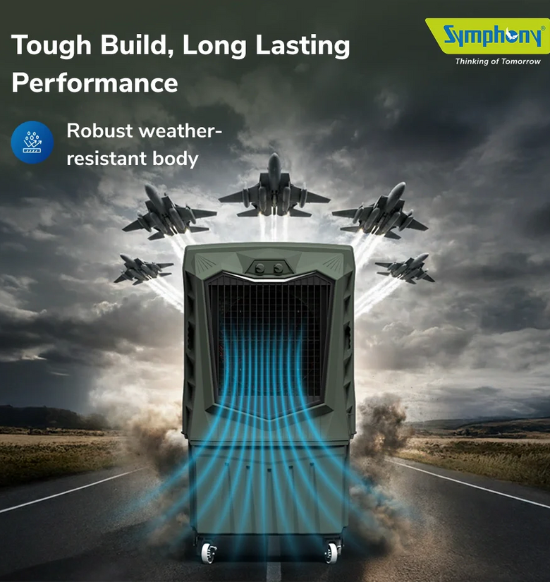 Symphony Air Force 90 Desert Air Cooler | 90L Water Tank Capacity | 150W | Powerful Jet Fan | Weather-Resistant Body | Large Honeycomb Cooling Pad | Easy Fill | Heavy-Duty Wheels | 1 Year Warranty