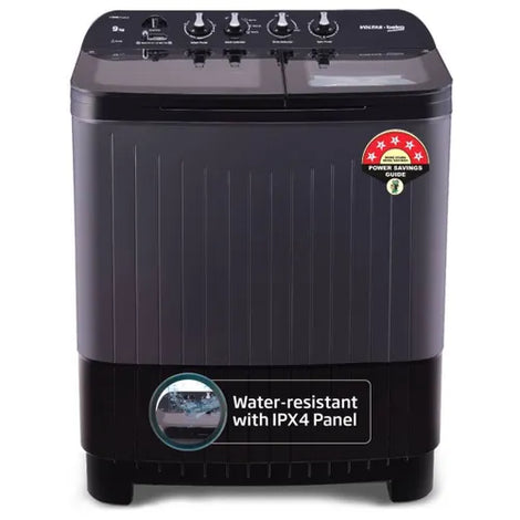 Voltas Beko by A Tata Product 9 kg washing machine with Soft Closing door, Water proof IPX4 protection, Special Pulsator and Double Waterfall Semi Automatic Top Load Black, Grey  (WTT90UDX/BKGR4KGTD) with 5 year comprehensive warranty
