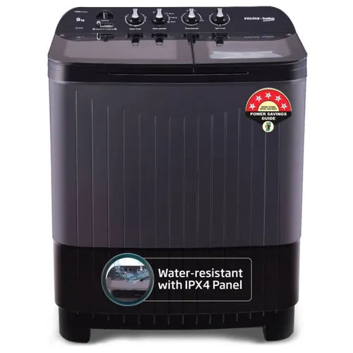 Voltas Beko by A Tata Product 9 kg washing machine with Soft Closing door, Water proof IPX4 protection, Special Pulsator and Double Waterfall Semi Automatic Top Load Black, Grey  (WTT90UDX/BKGR4KGTD) with 5 year comprehensive warranty