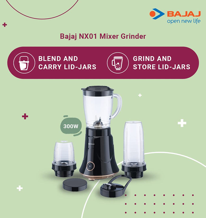 Bajaj NX-01, Powerful 300W Mixer Grinder, Blender, Juicer and Smoothie Maker with Sipper and Store Lids, 3 Jars, Black, Regular - 1shoppingstore