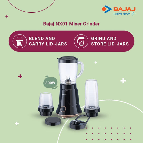 BAJAJ Powerful 300W Mixer Grinder, Blender, Juicer and Smoothie Maker with  Sipper and Store Lids, 3 Jars, Black, Regular NX 300 Mixer Grinder (3 Jars,  Black) Price in India - Buy BAJAJ